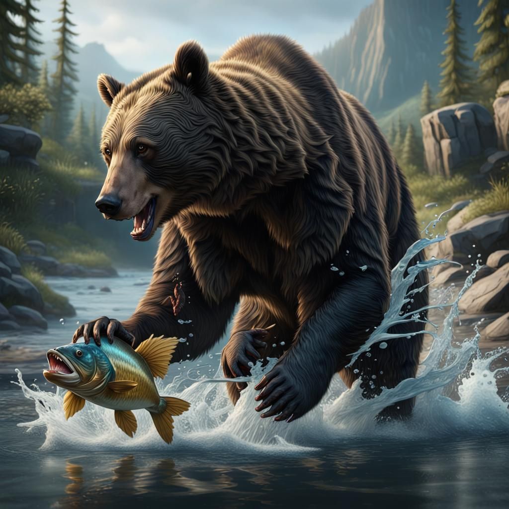 Black Bear Catching Fish: Detailed Matte Painting