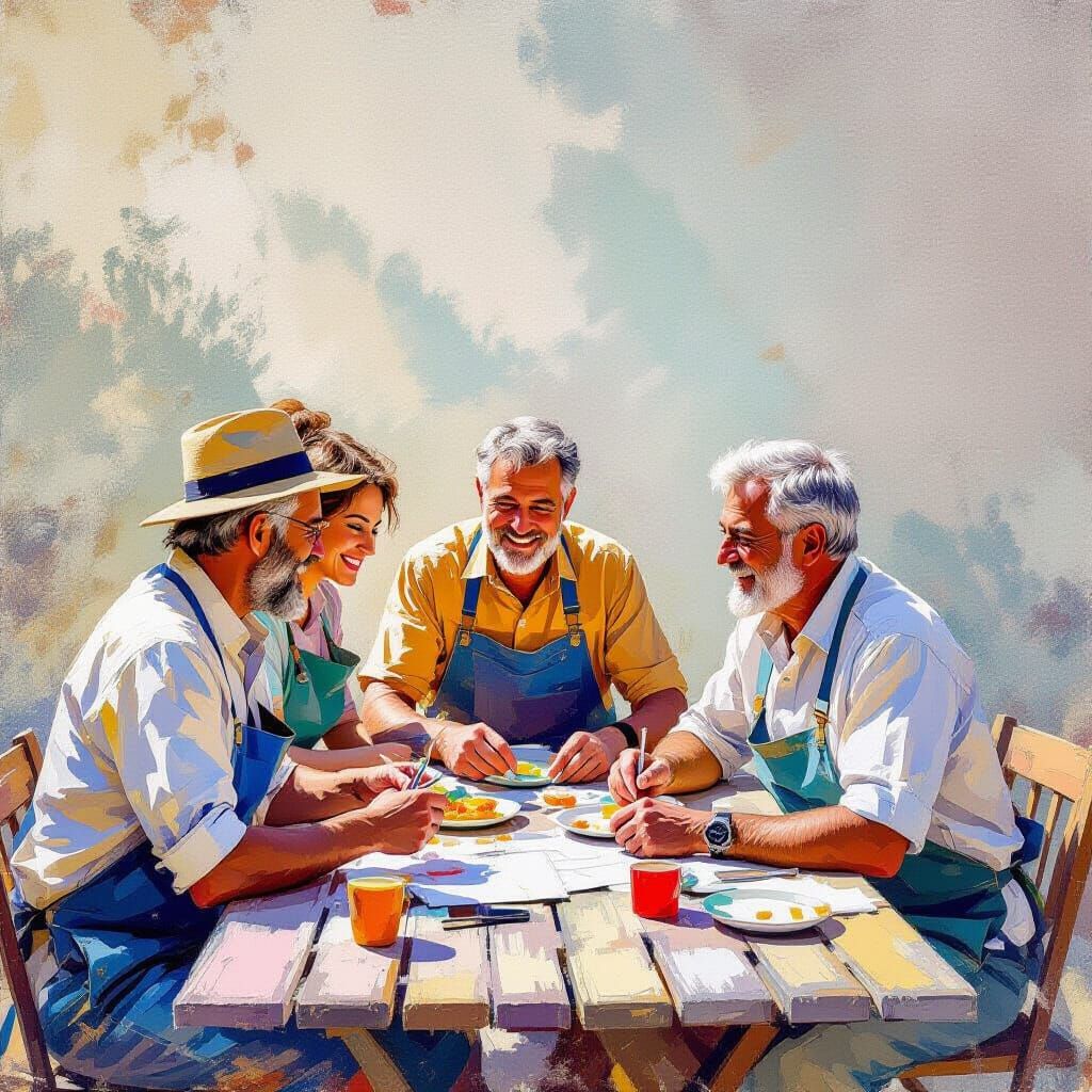 Volunteers in Vibrant Community Scene Impasto Gouache Painti...