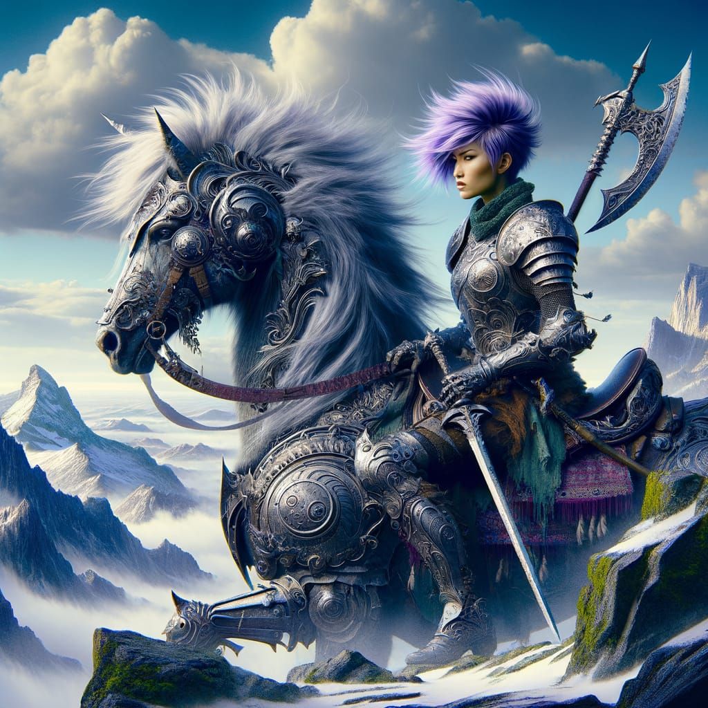 Gothic Warrior Woman on Windswept Peak in Art Nouveau Style