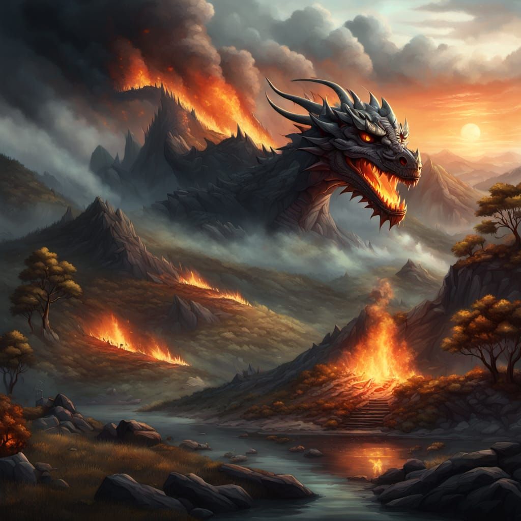 Mystical Fire Beneath Dragon Hill: Fantasy Art