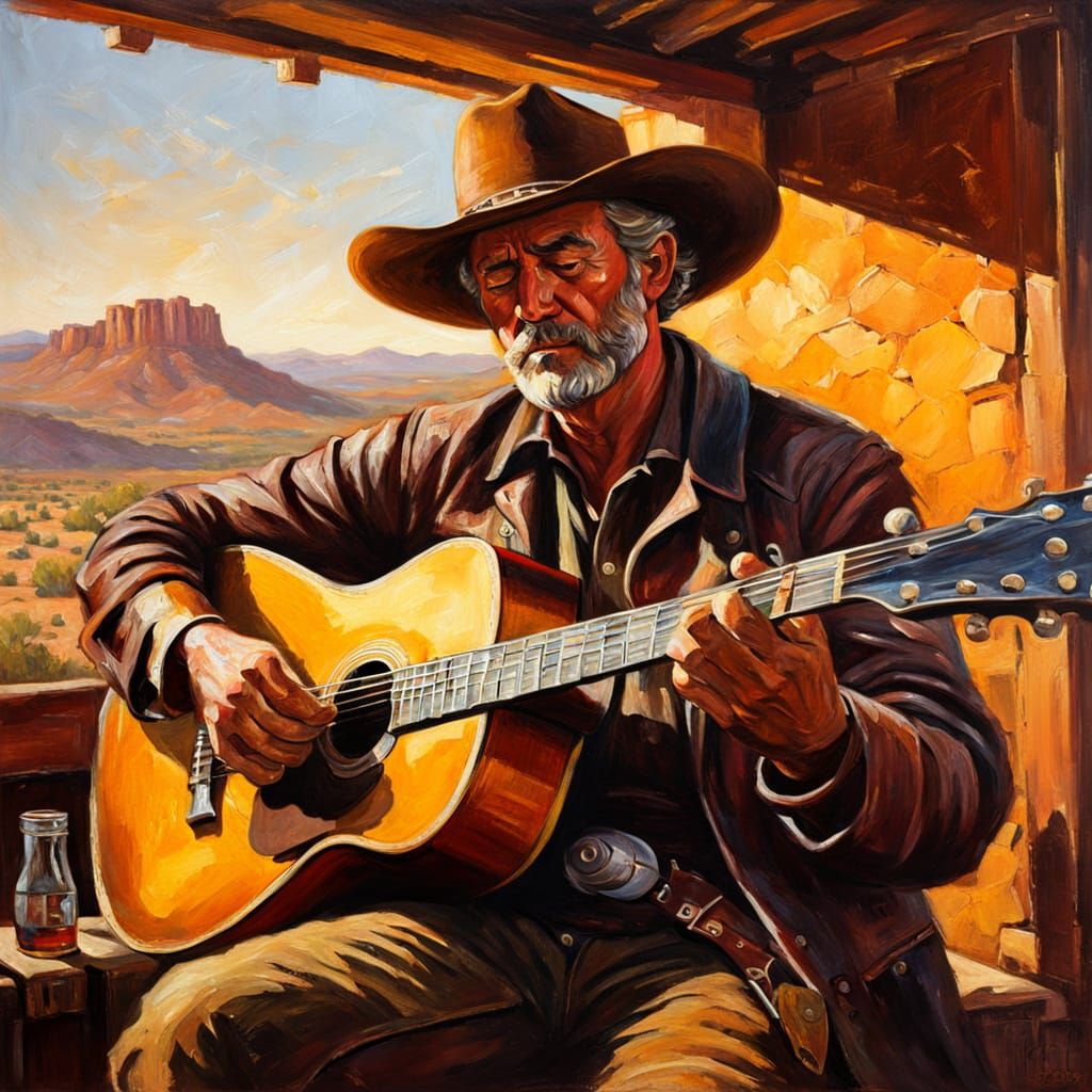 Cowboy Guitarist in Desert Bar: An Impasto Oil Painting