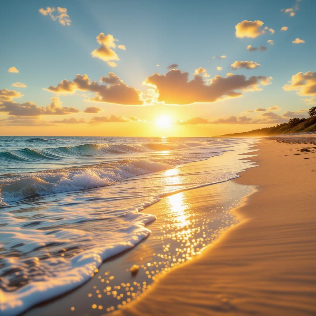 Golden Hour Beach Scene with Sparkling Surf