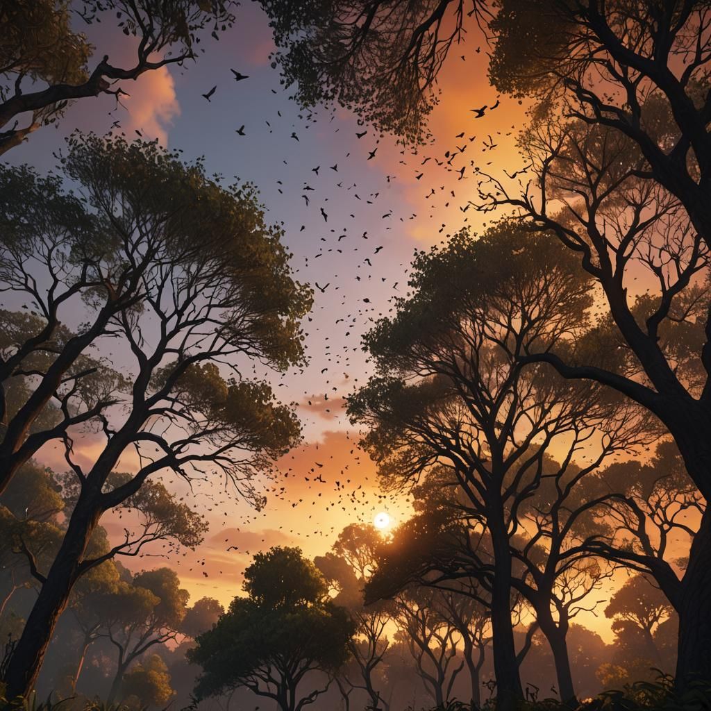 Sunset Trees and Birds: Fantasy Concept Art