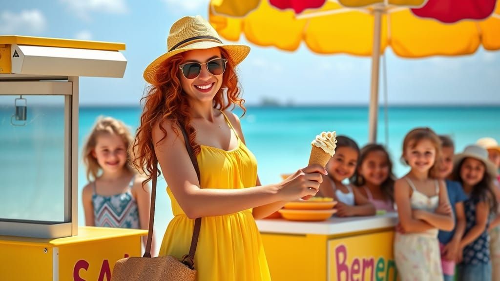 Woman Offers Ice Cream on Sunny Beach