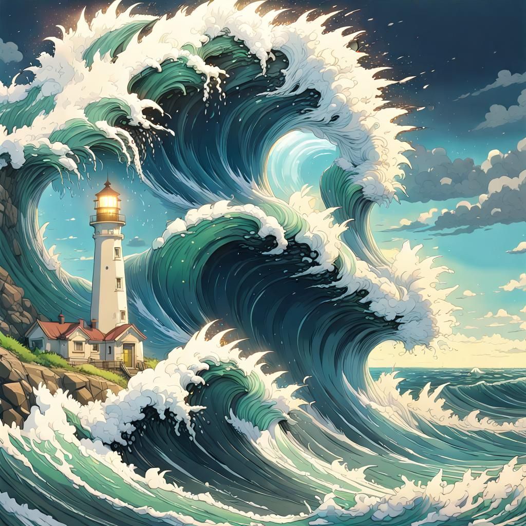 Ocean Wave Crashes Lighthouse: Anime Key Visual