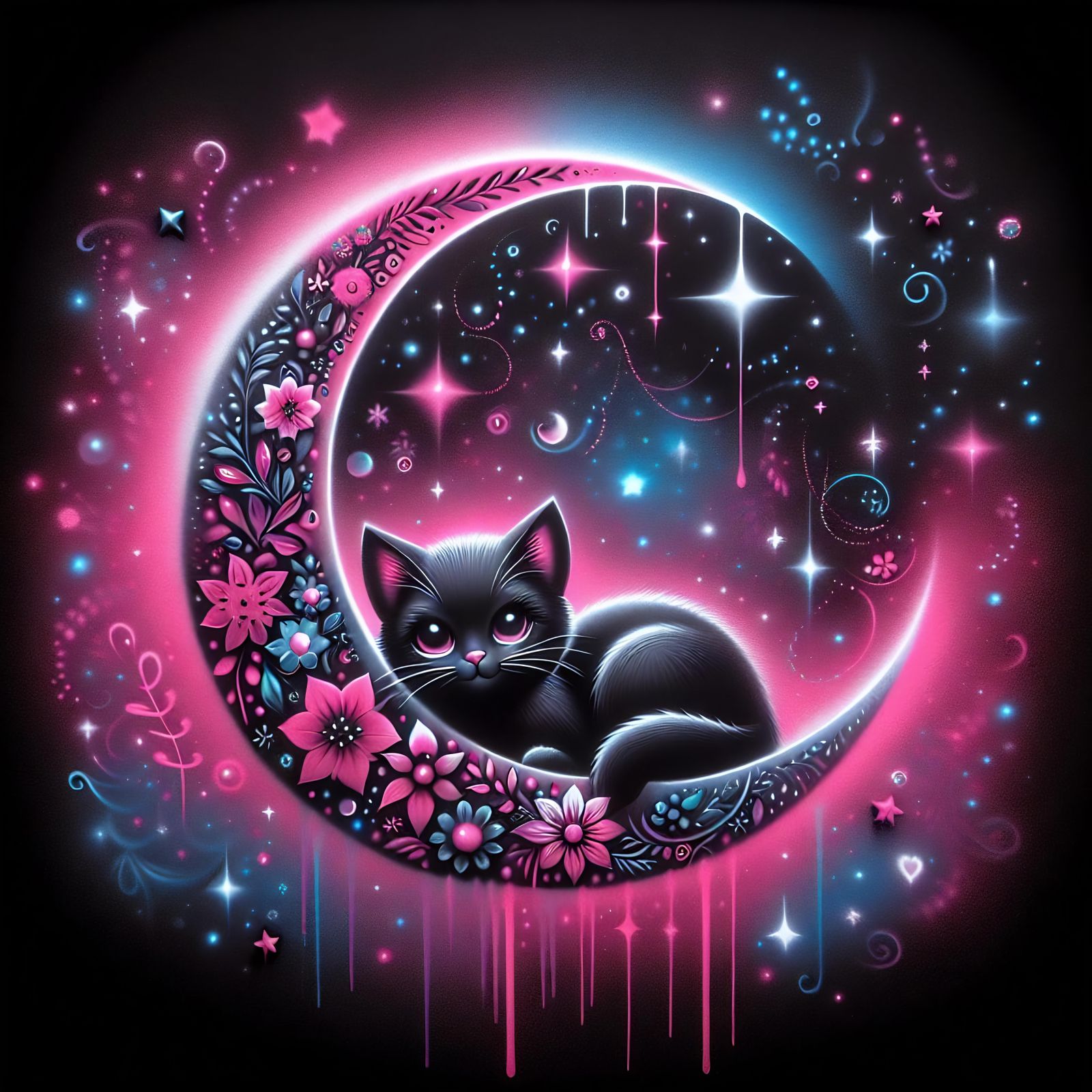 Aerosol Art: Black Cat on Pink Moon