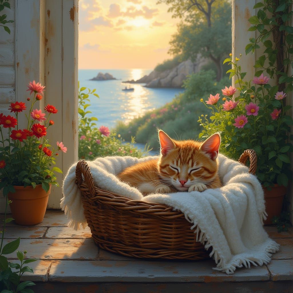 Cozy Seaside Cottage Scene in Impressionist Style