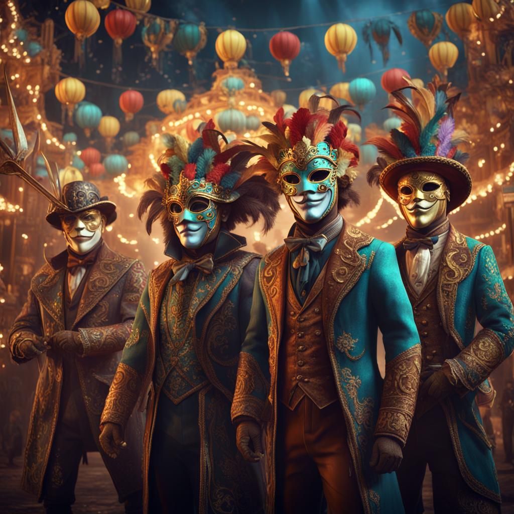 A carnival scene with characters in elaborate masks, each mask telling a unique story