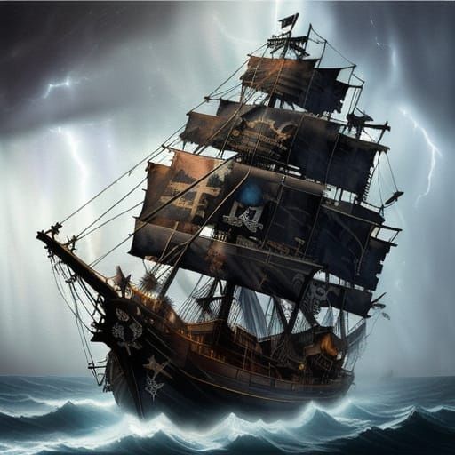 Ethereal Pirate Ship in Midnight Storm: A Harmonious Blend o...