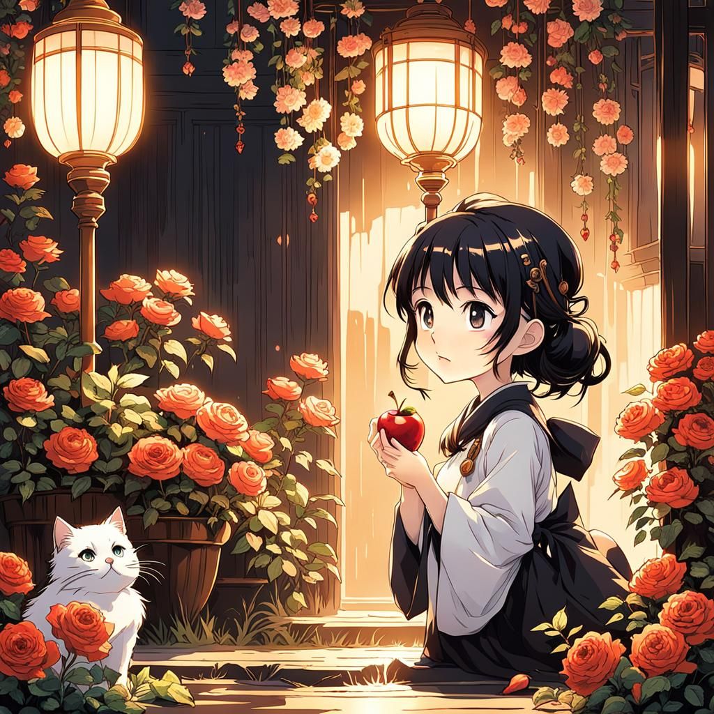 Manga Chibi Girl with Cat, Black and White Drawing