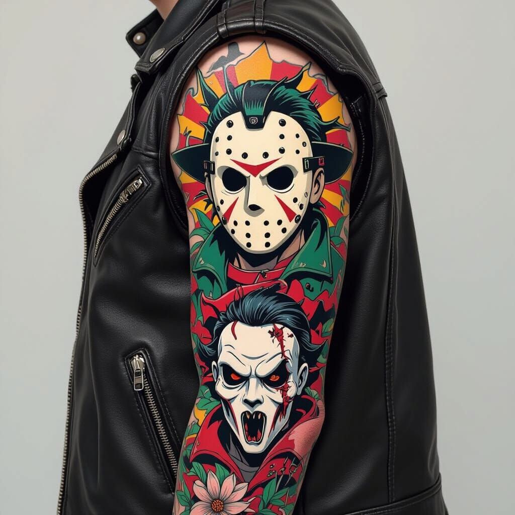 Horror Icons Tattoo Sleeve in 90's Anime Style