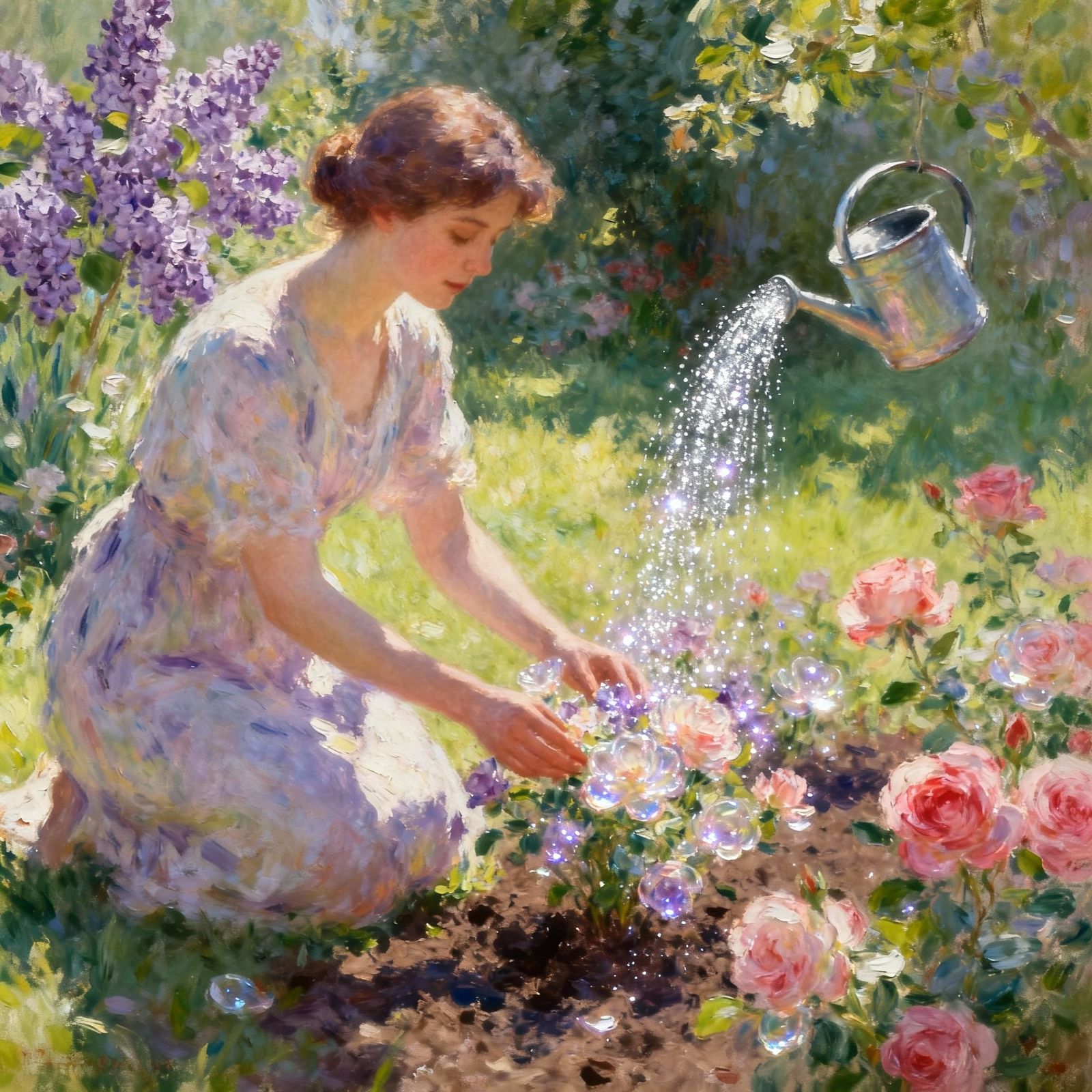 Impressionist Garden Magic: Woman Tends Blooming Flowers