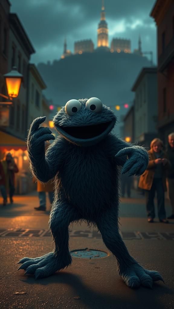 Despairing Cookie Monster in Dystopian Cityscape