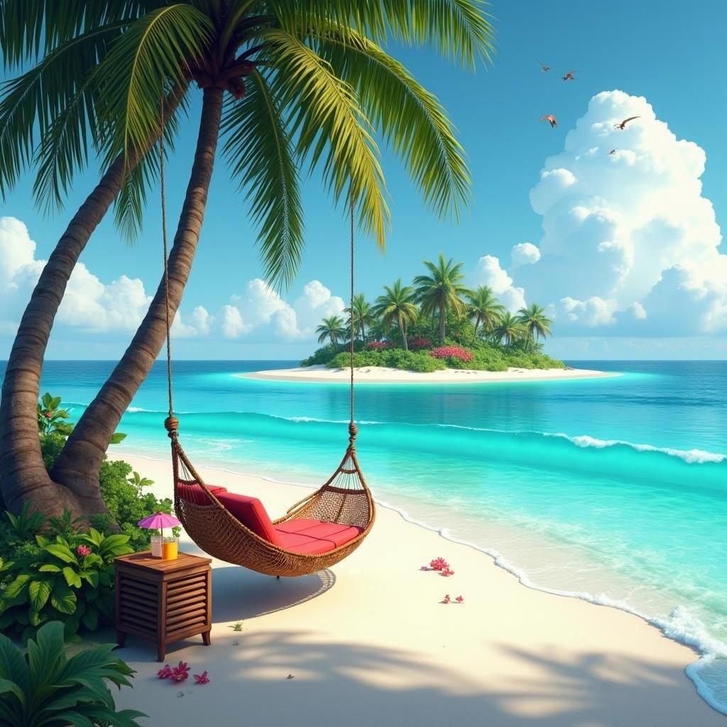 Tropical Island Paradise with Hammock: Fantasy Concept Art