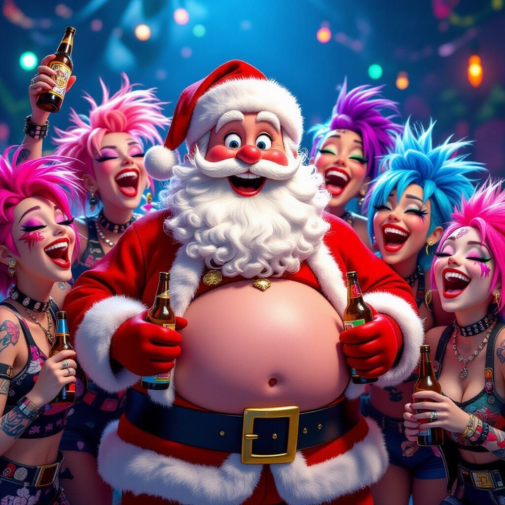 Santa Claus and Punk Girls Sharing Beer in Neon Glow
