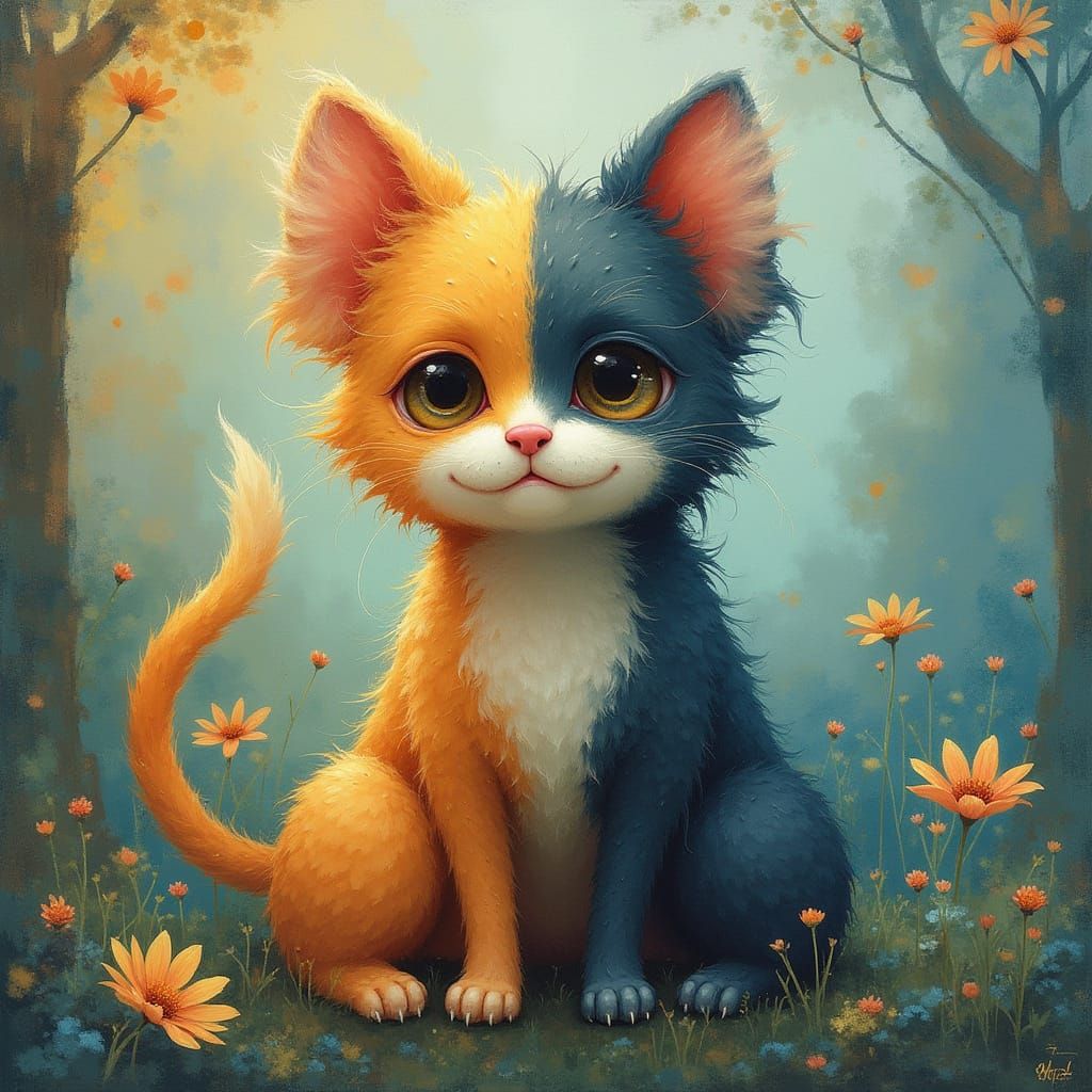 Mystical Canine-Feline Hybrid in Vibrant, Whimsical Landscap...