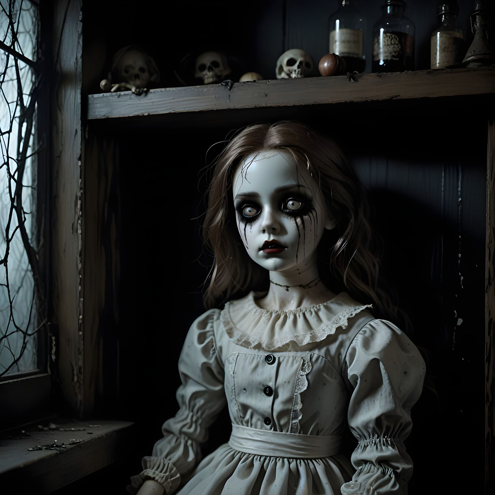 Creepy Porcelain Doll with Human Eyes in Dark Room