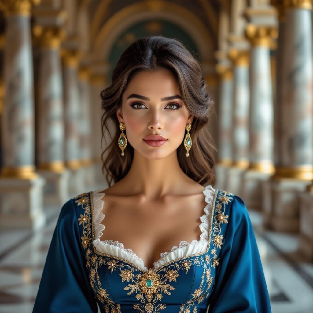 Elegant Woman in Blue Couture: Renaissance-Inspired Portrait