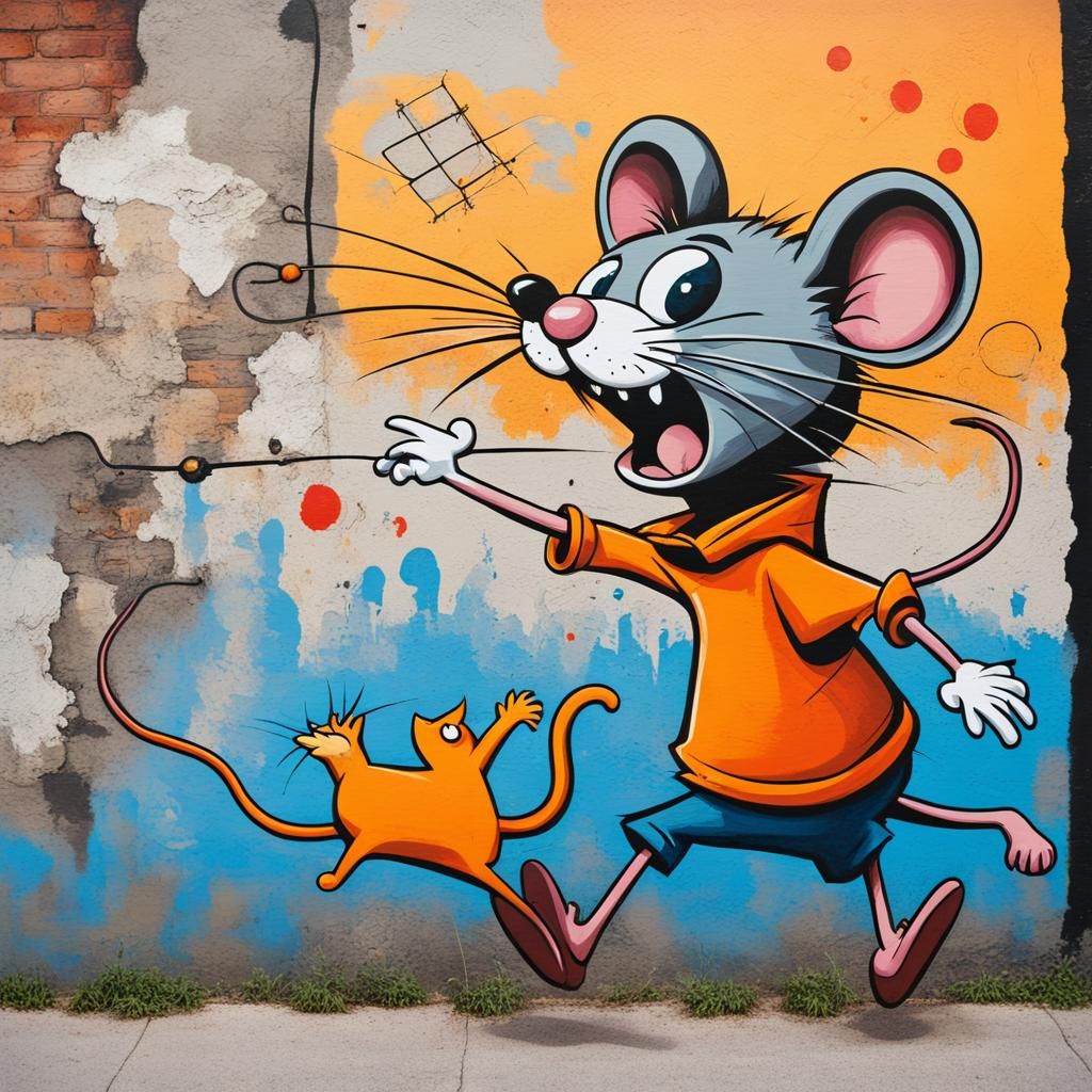 Painting of a scared mouse cartoon character