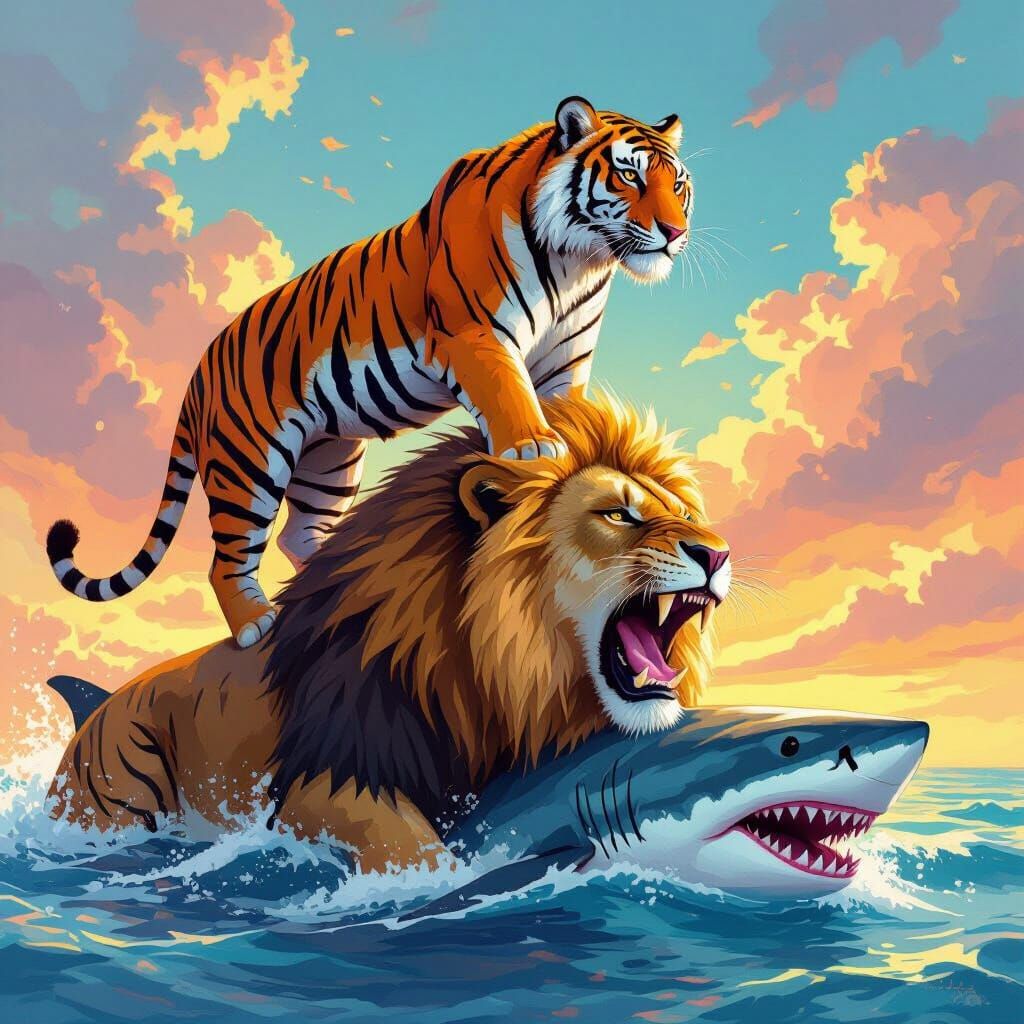 Tiger and Lion Feast in Sci-Fi Style