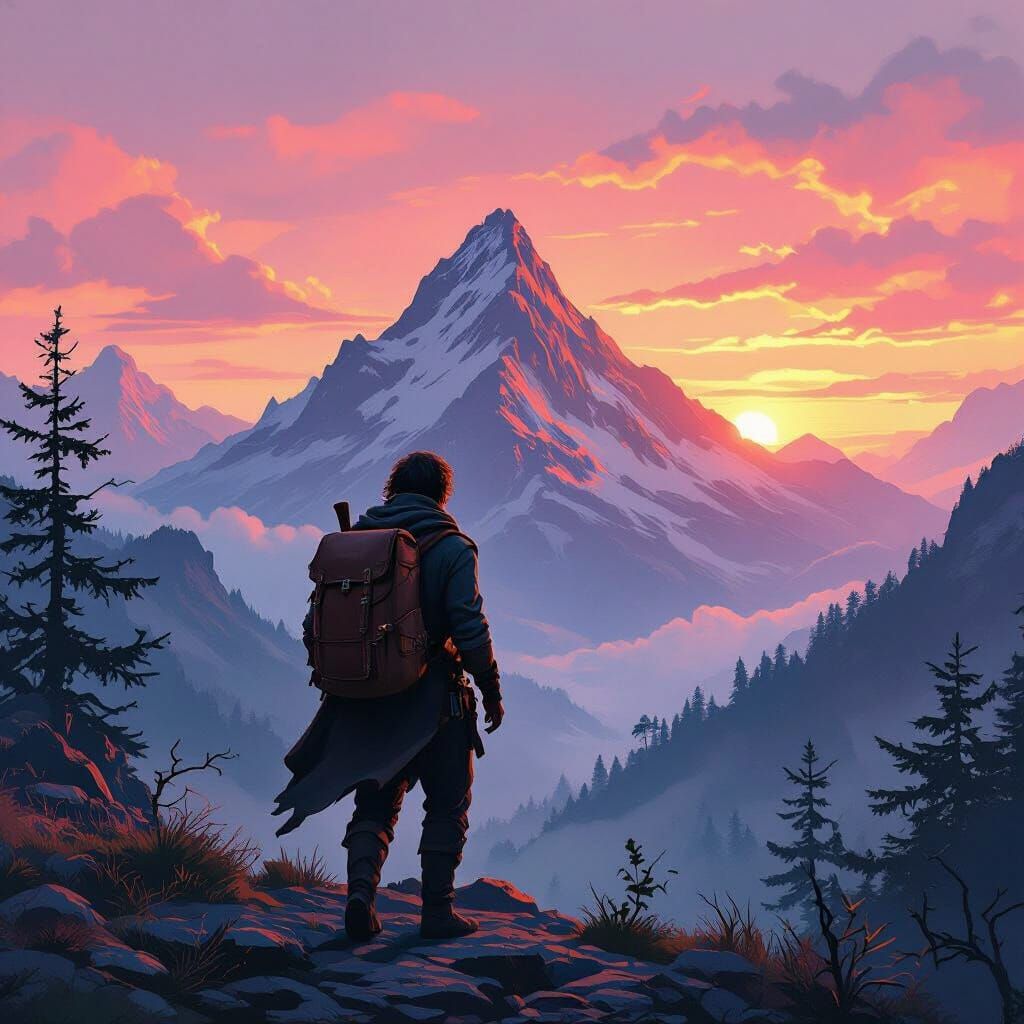 Man Climbing Mountain at Sunset in Fantasy Landscape