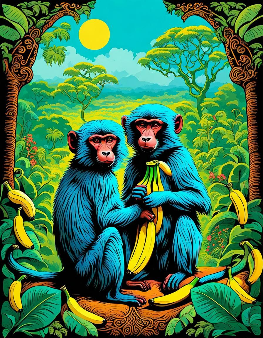 Baboons with Banana and Balloon, Cat Art Style