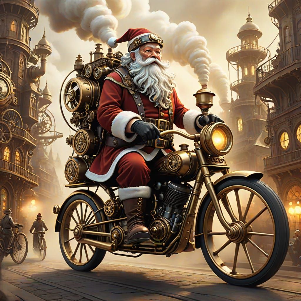 Steampunk Santa Rides Clockwork Bicycle