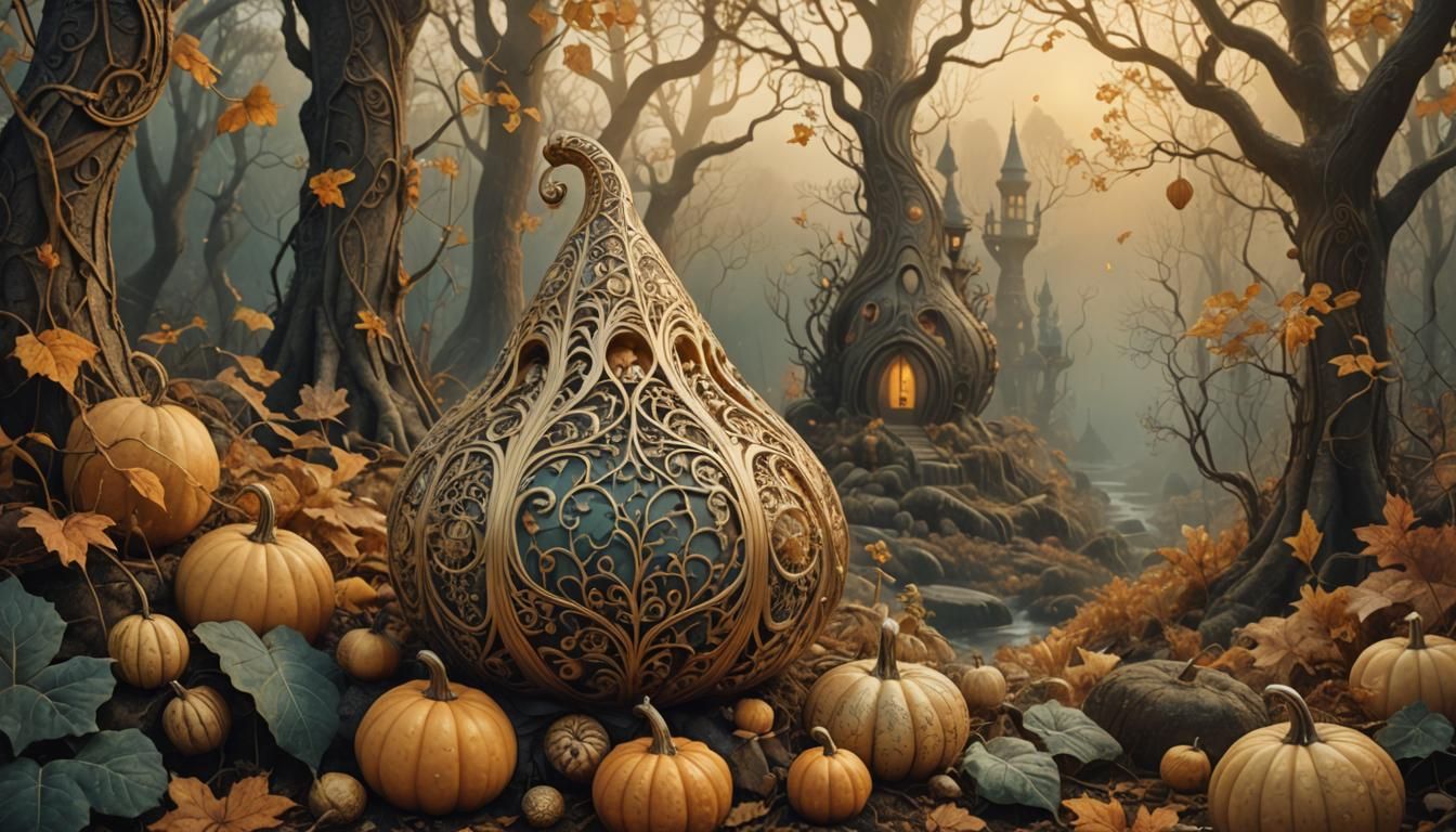 Ornate Gourd in Enchanted Autumn Forest: Surreal Digital Art
