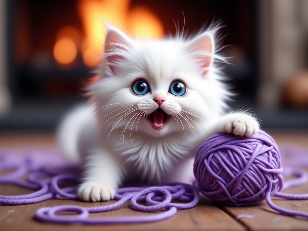Whimsical White Kitten Plays with Yarn in Cozy Fireplace Sce...