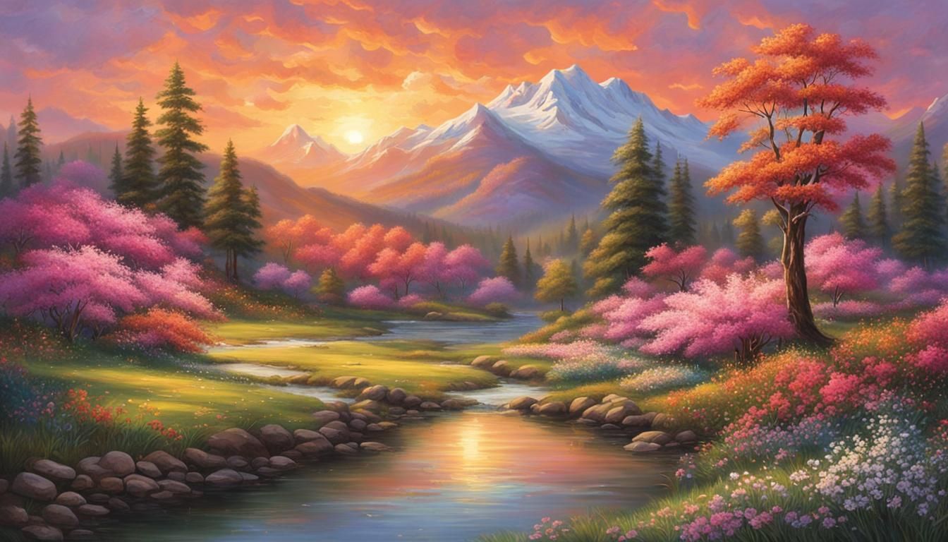 Enchanting Sunrise Landscape with River and Mountains