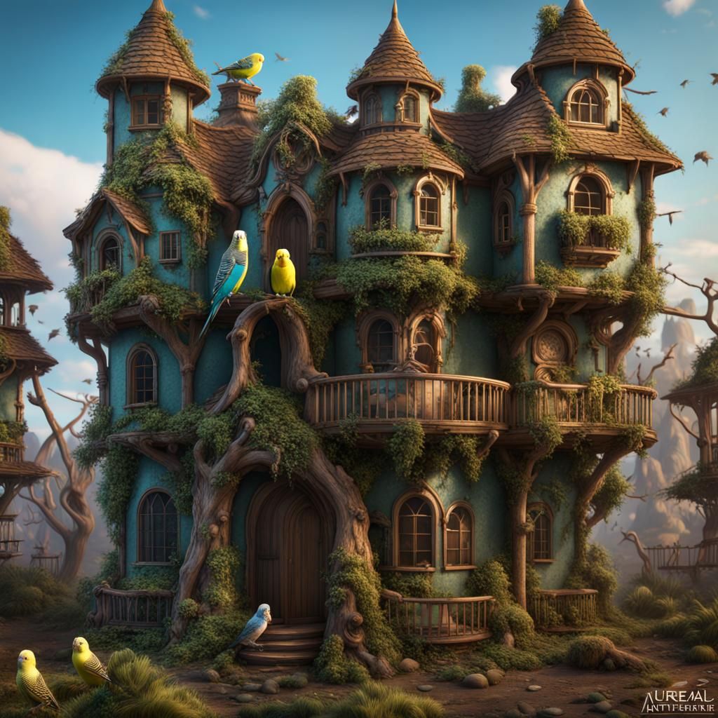 Giant Budgie House with Many Budgies: Detailed Matte Paintin...