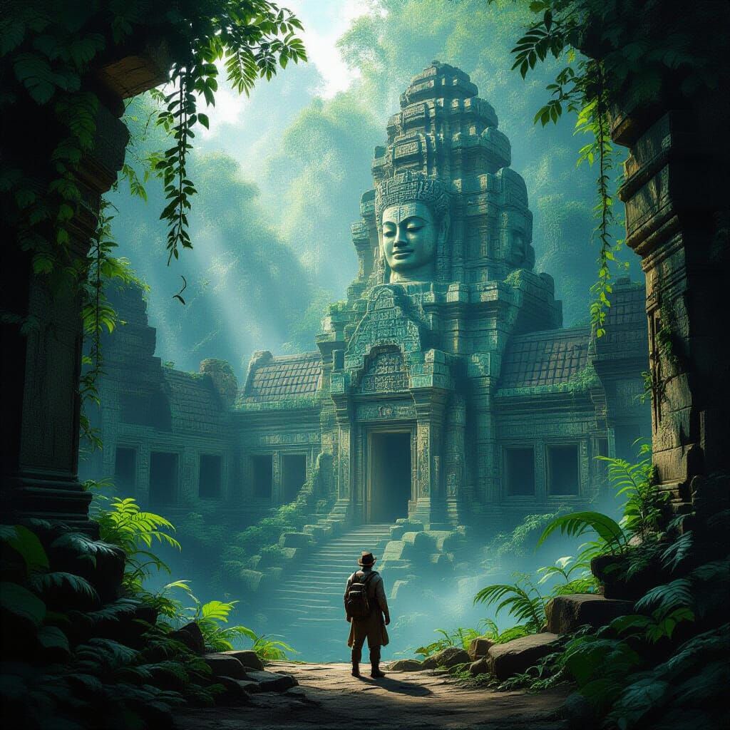 Wanderer Gazes at Jungle Ruins in Surreal, Painterly Style
