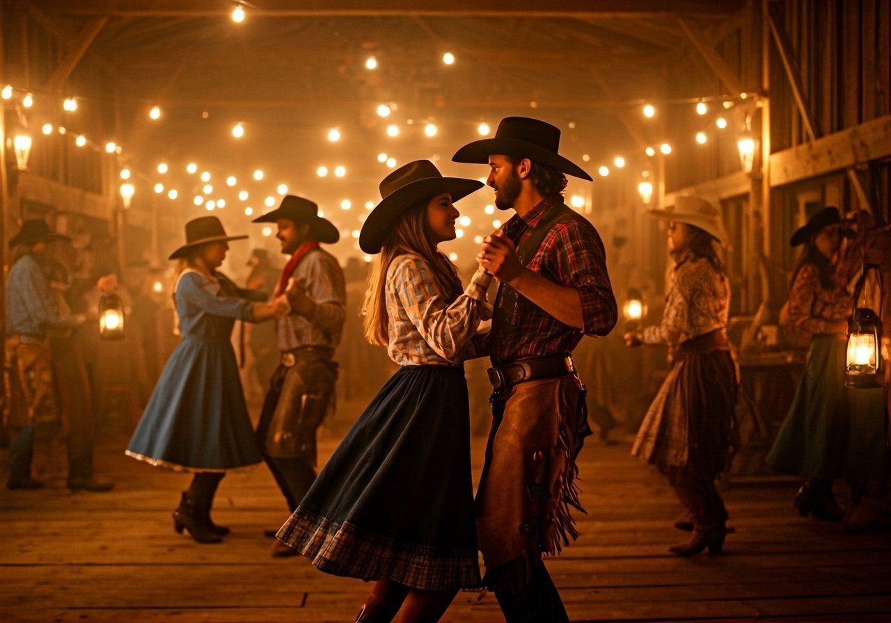 Vibrant Cowboy Dance Inside Rustic Barn