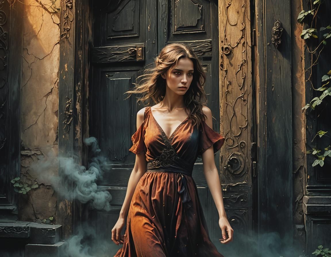 Mysterious Girl Near Black Door, Dark Fantasy Art