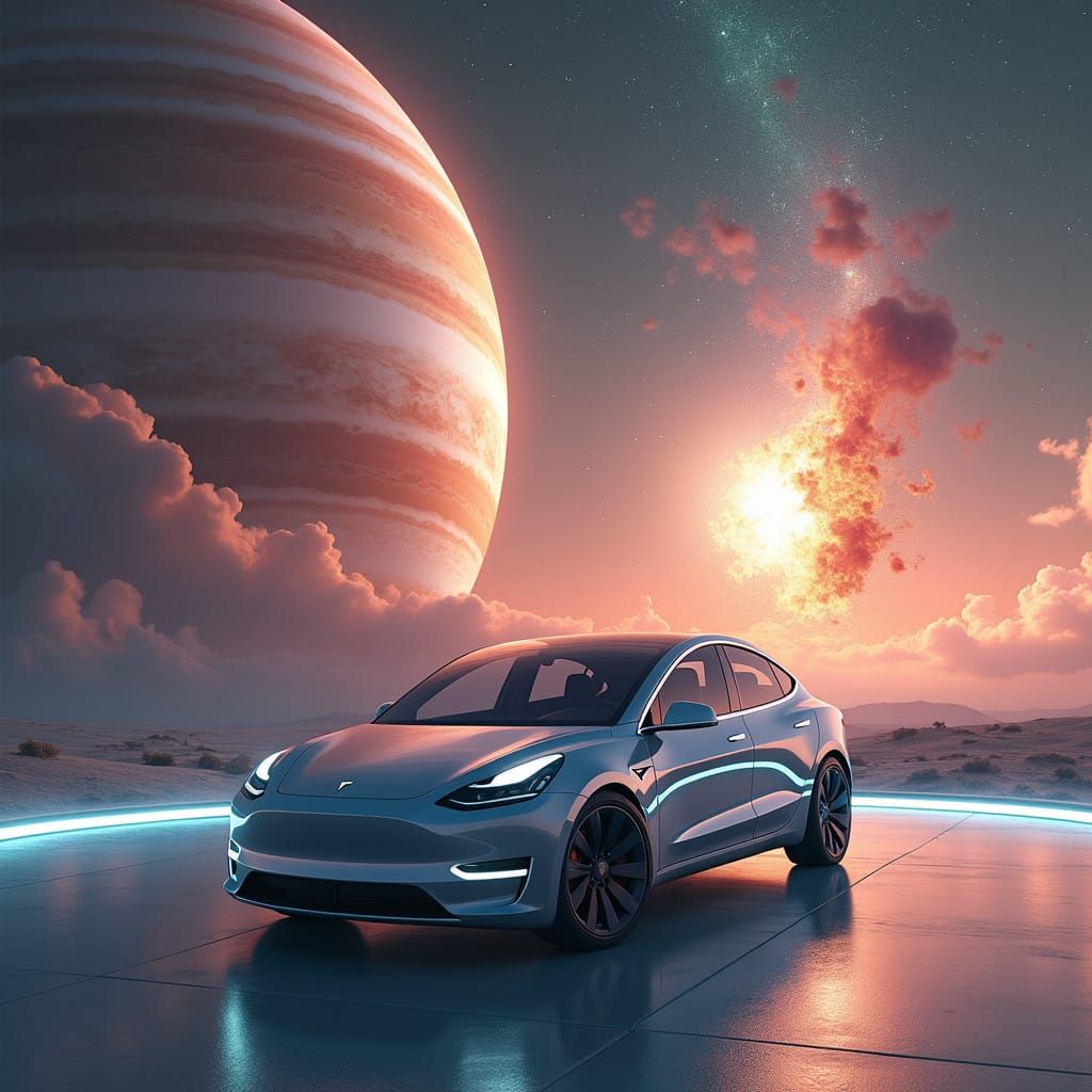 Sleek Tesla Model Y on Neon-Lit Platform Amidst Jupiter's Sw...