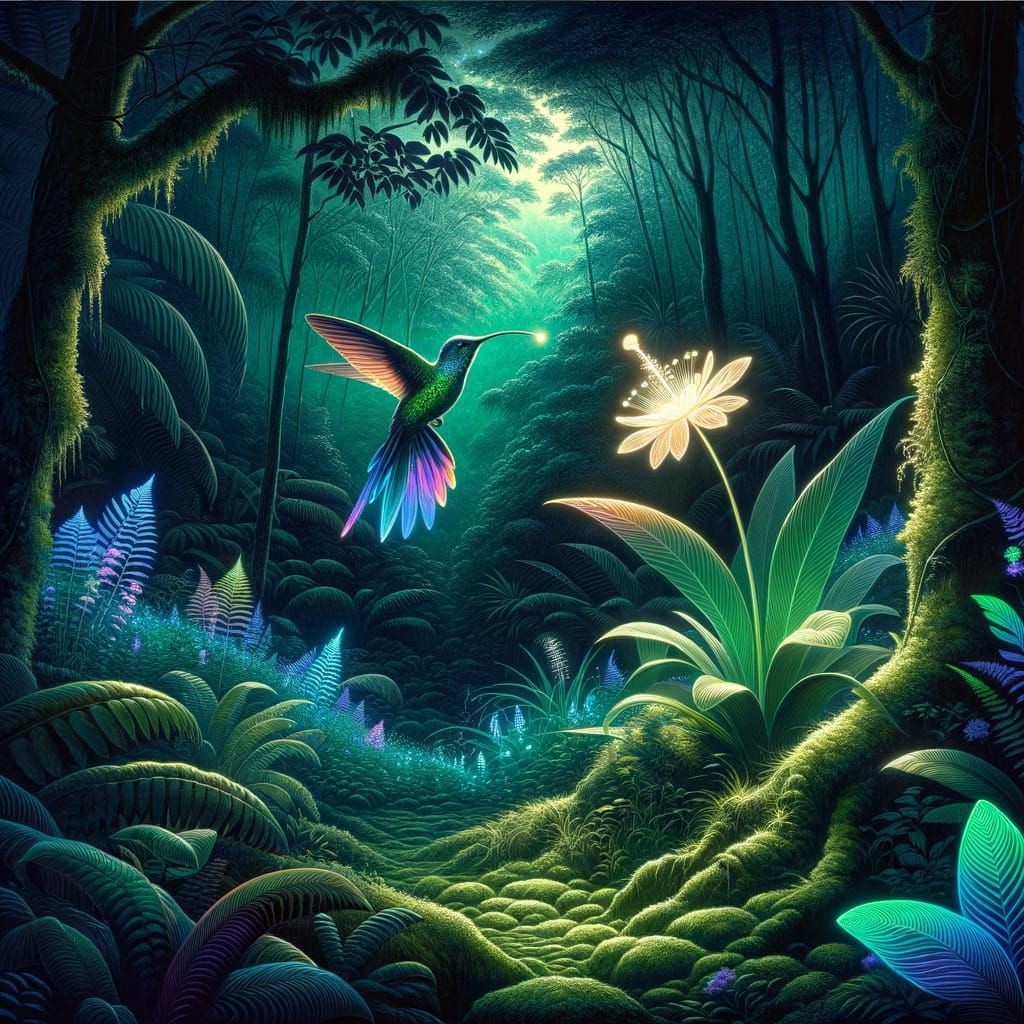 Bioluminescent Hummingbird in Enchanted Jungle Clearing