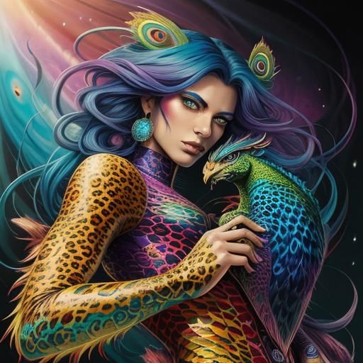 Woman with Dragon Scales and Peacock Hair