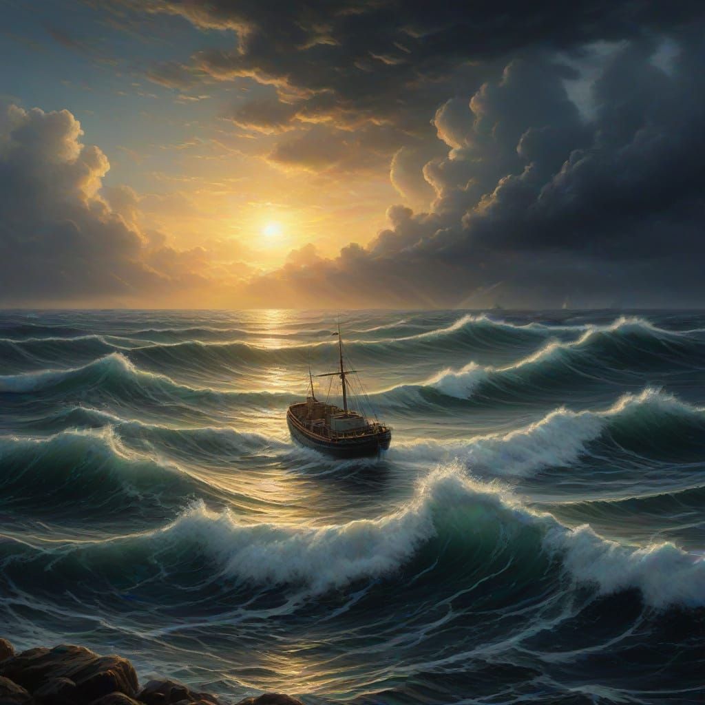 Stormy Seascape with Ship in Romantic Style