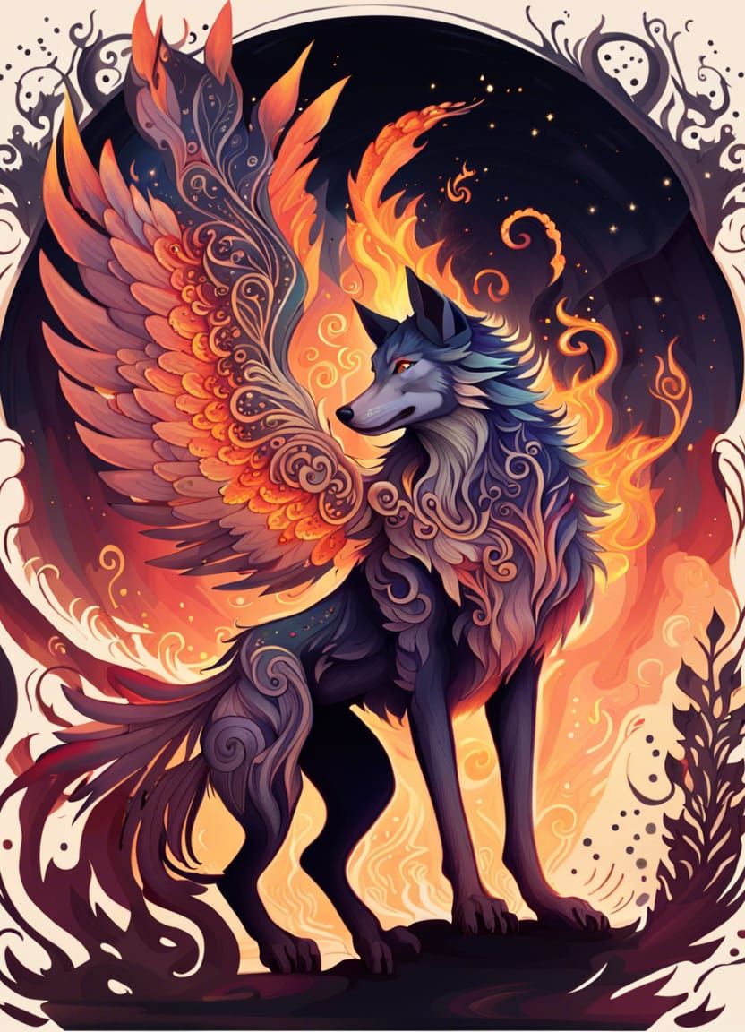 Fiery Winged Wolf in Anime Style