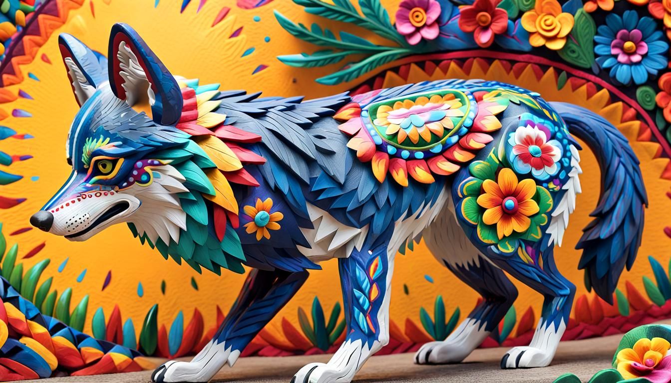 Mexican Wolf in Colorful Alebrije Style