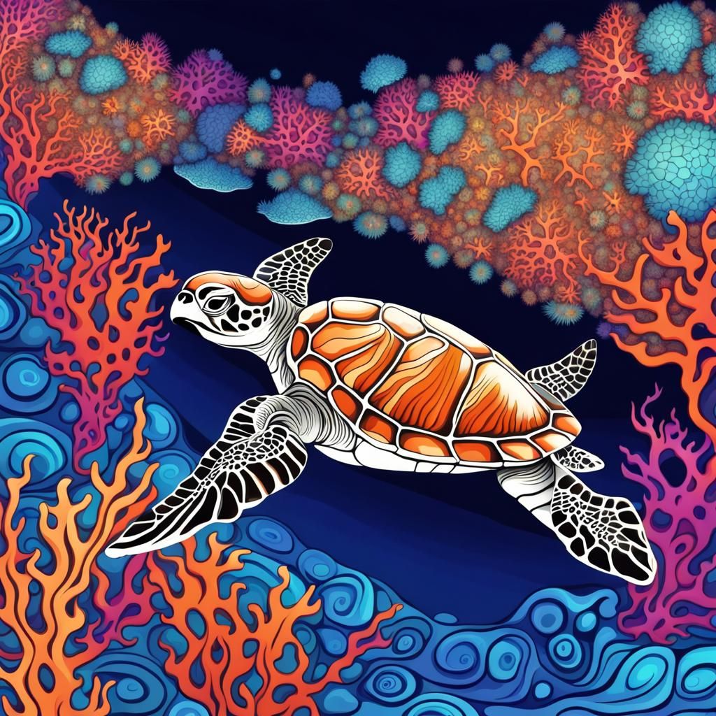 Sea Turtles Swimming in Coral Reef with Fractals