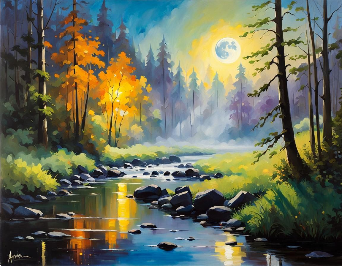 Luminescent Moon Over Misty Forest: Oil Painting