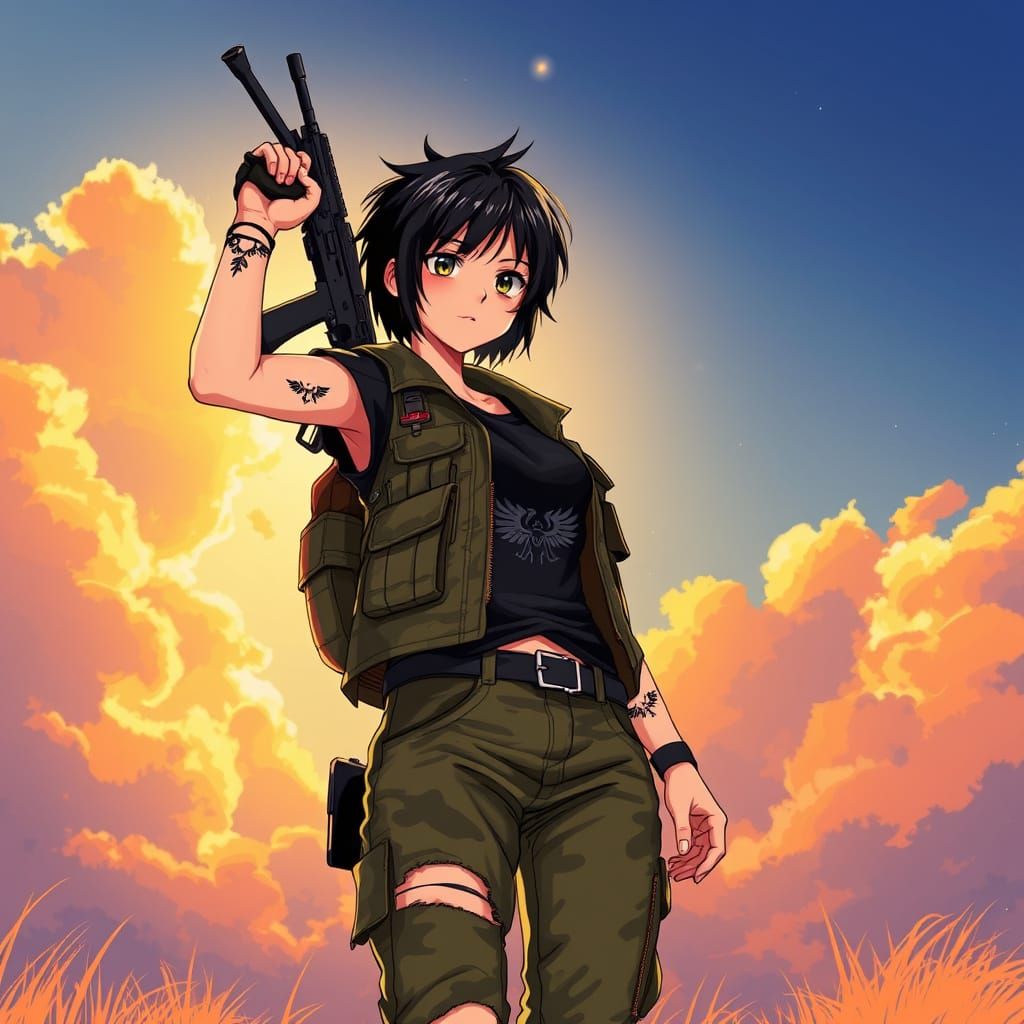 Cyberpunk Anime Girl with Wings Tattoo Raises Assault Rifle