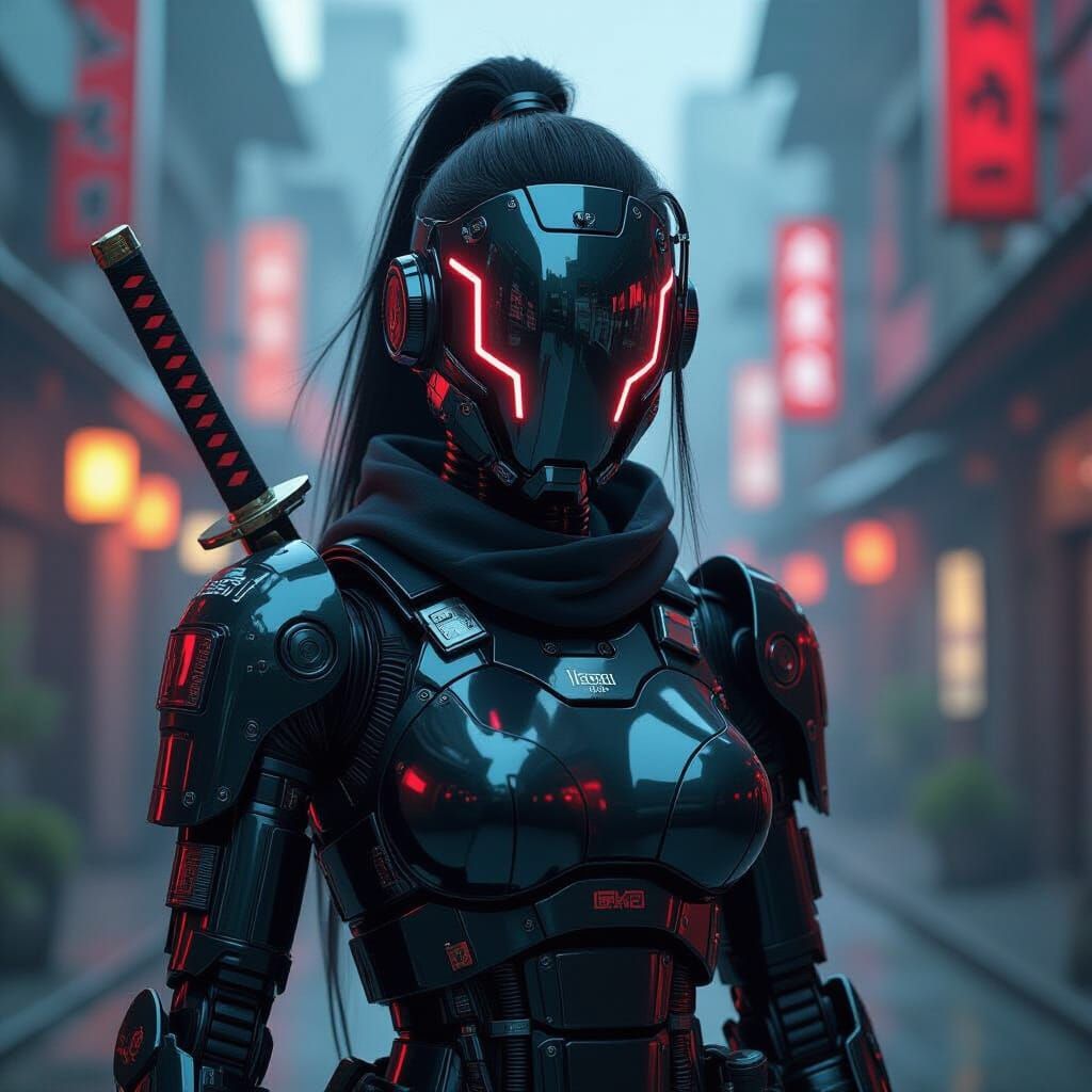 Cyberpunk Robot Samurai in Neon Cityscape