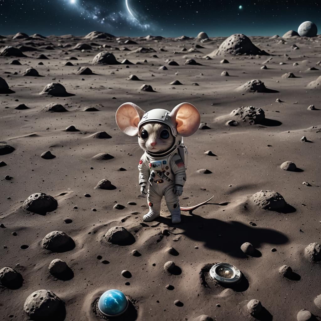 Hyper-Realistic Alien Mouse on Moon with UFOs