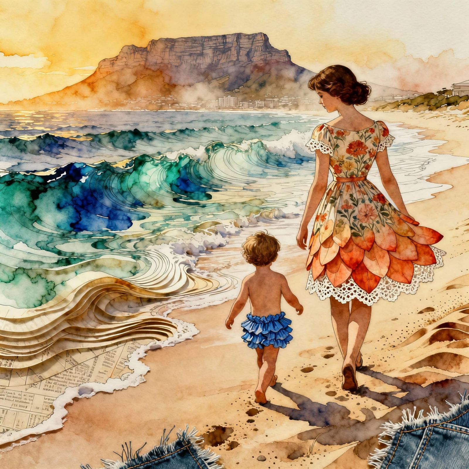 1950s Beach Scene with Mother and Child Near Table Mountain