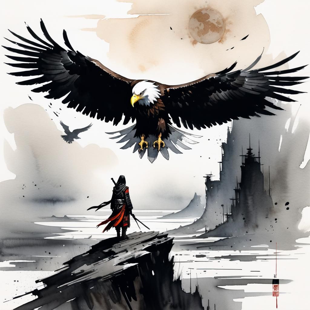 Ominous Celestial Eagle in Watercolor Style