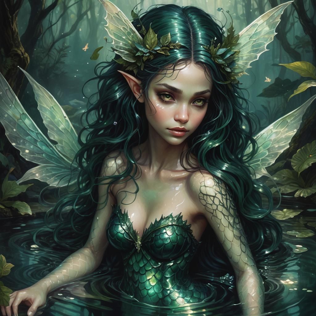 Dark Mermaid Fairy Elf in Hyperrealistic Fantasy