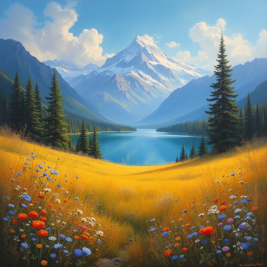 Golden Wildflower Field, Lake, and Mountains in Luminous Oil...