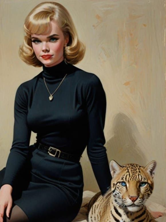 Blonde Woman Petting Ocelot in Impressionistic Portrait